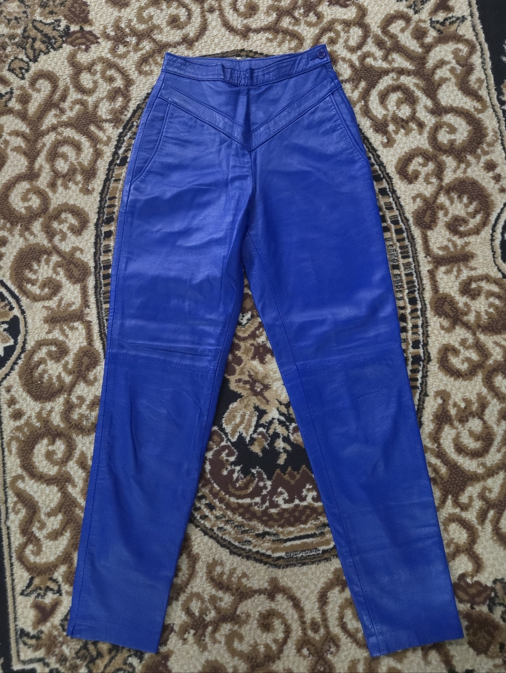 80s 1980 Dark Blue Boutique Of Leather Pants High Waist Skinny Retro Vintage